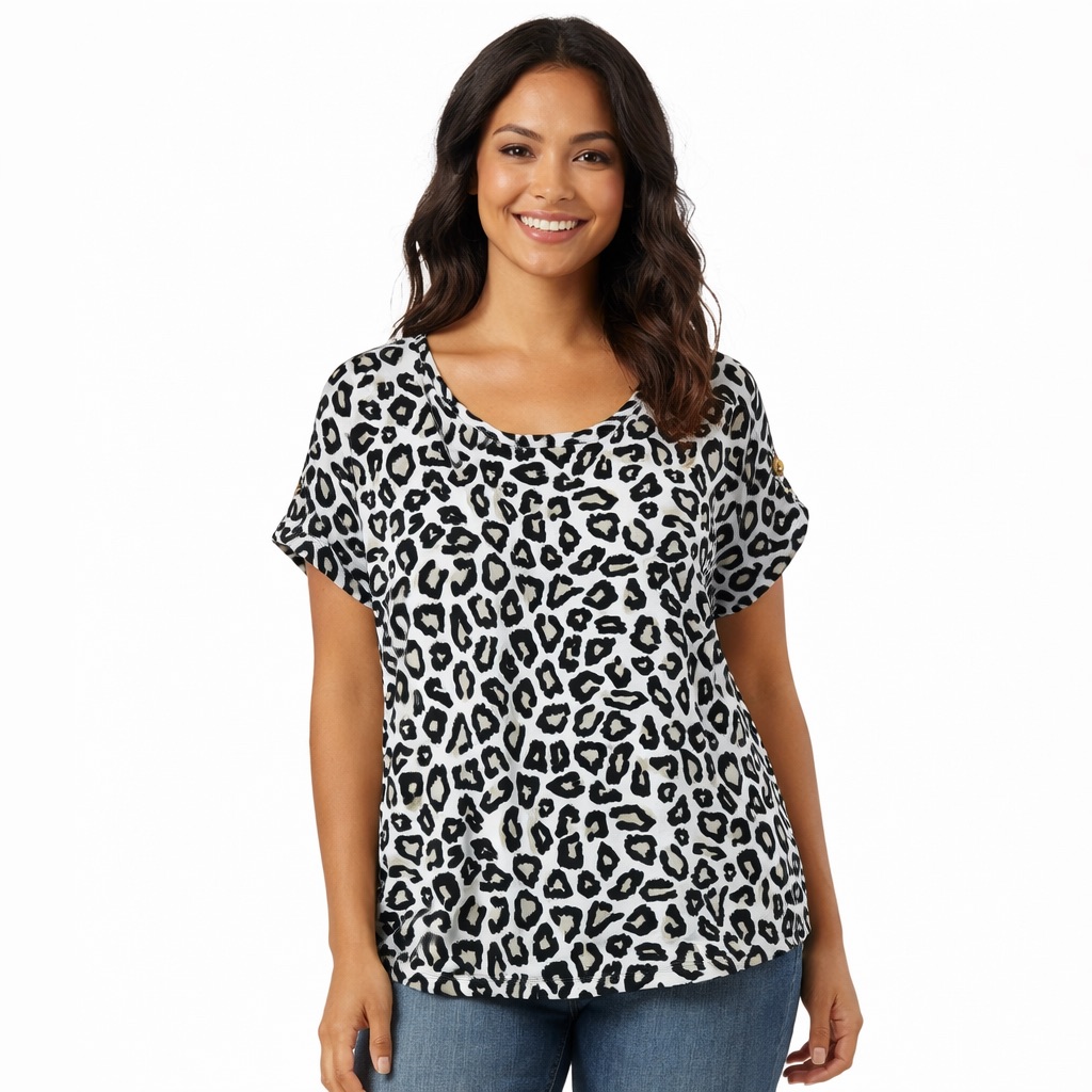 Como Vintage Leopard Print Blouse Size M Black White Short Sleeve Top